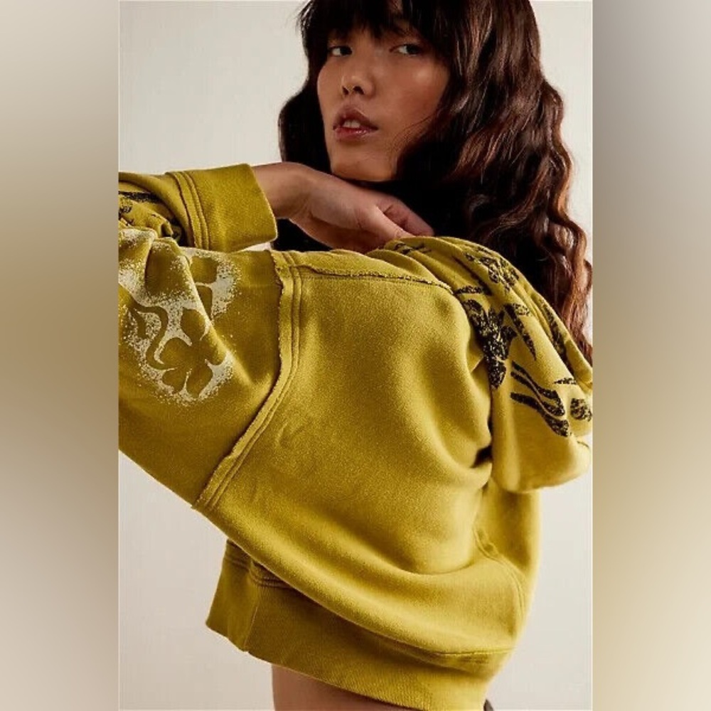 Free People We The Free Love Again Hoodie Cropped Top in Avocado Oil - Picture 2 of 10